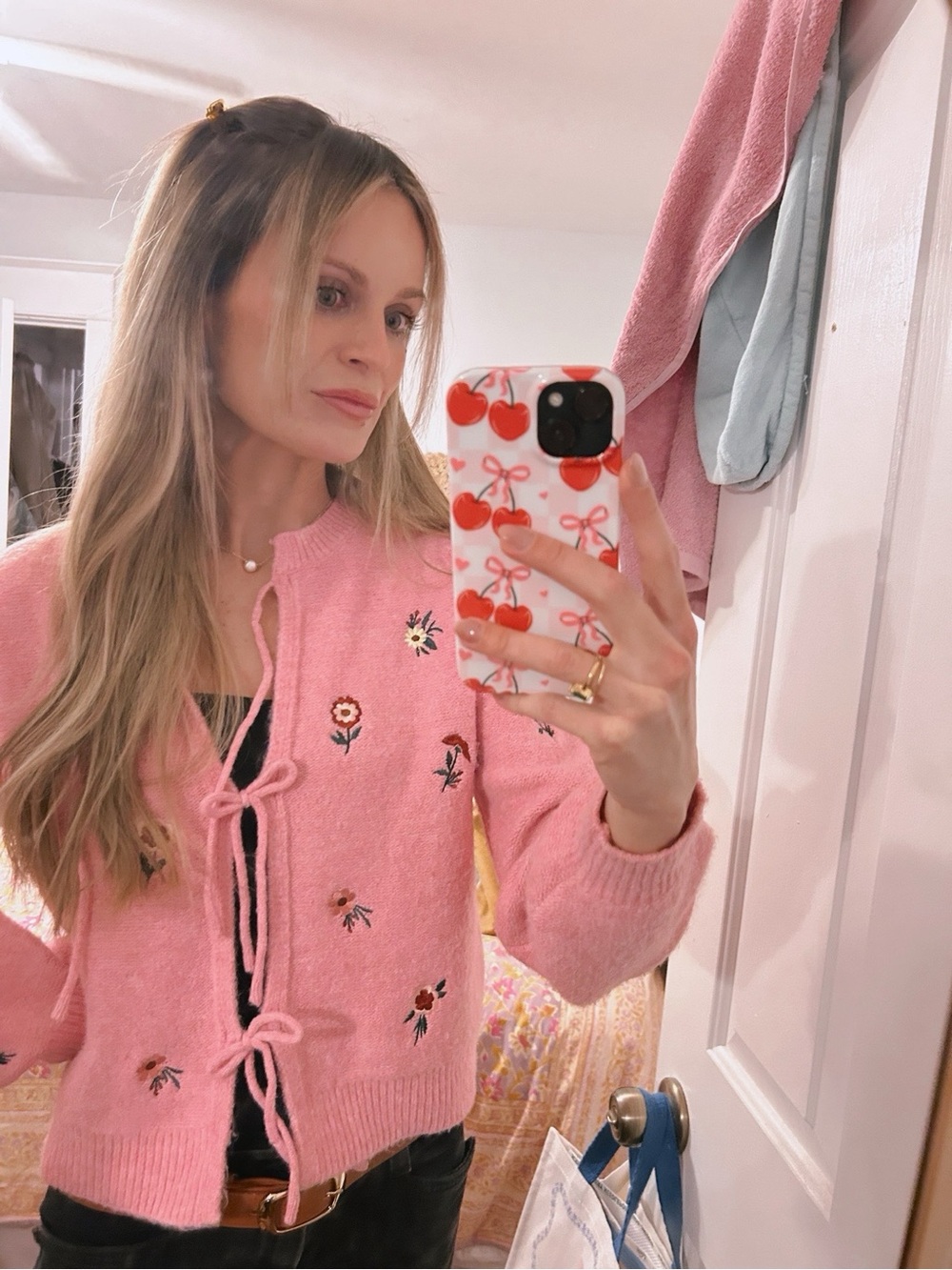 Pink Floral Tie-Front Women's Sweater Cardigan